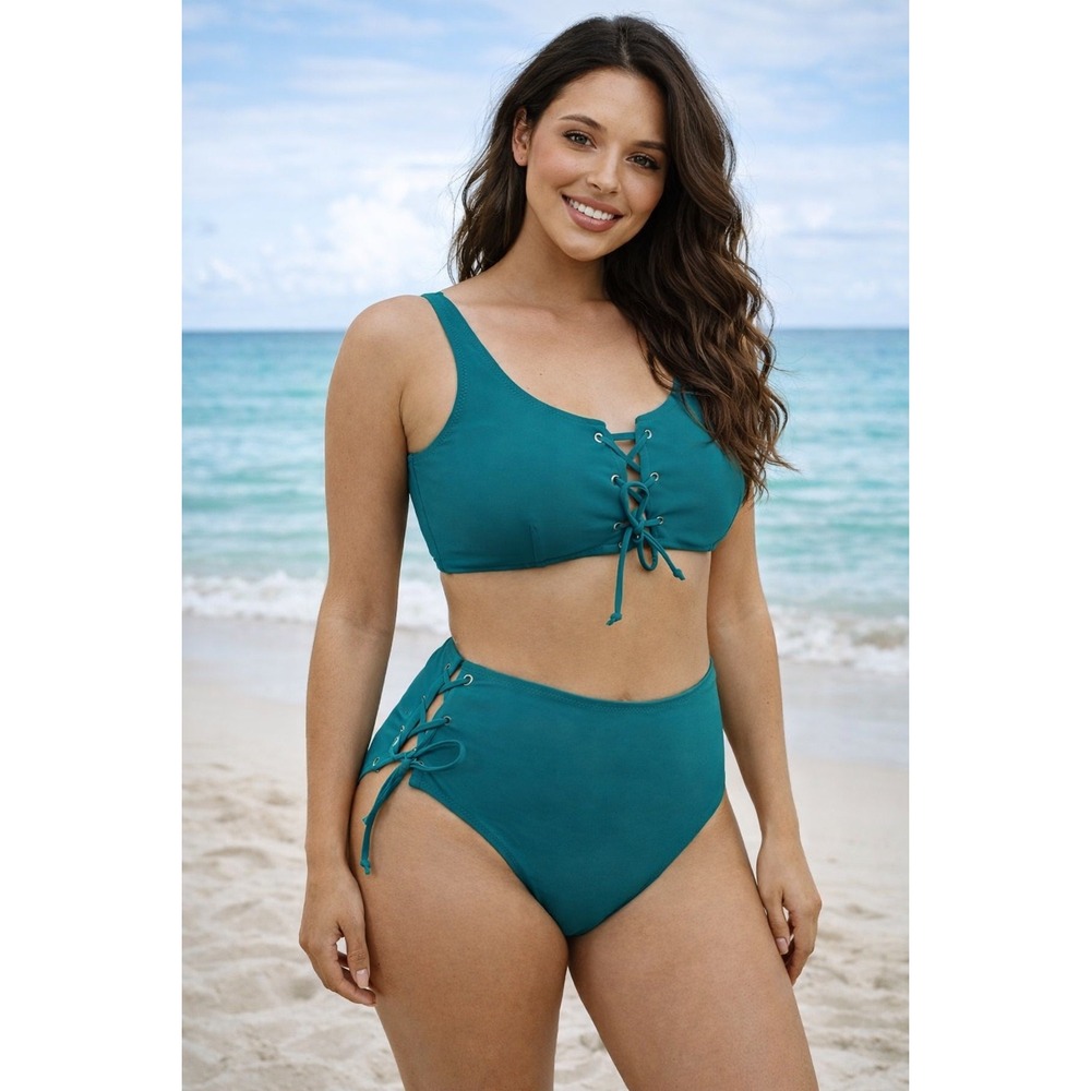Cupshe High-Waisted Teal Bikini with Lace-Up Detail | Summer Must-Have size M